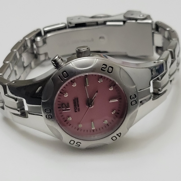 Fossil Blue Ladies Watch Silver Tone Band Pink Face New Battery - Picture 5 of 14